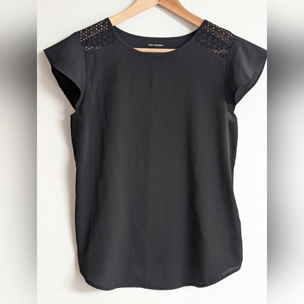Van Heusen Black Top with Lace Shoulders & Flutter Cap Sleeve Size XS